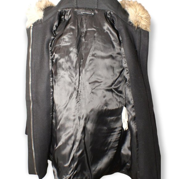 Zara Women's Black Hooded Coat Jacket With Faux Fur Trim Sz Small - Picture 6 of 7
